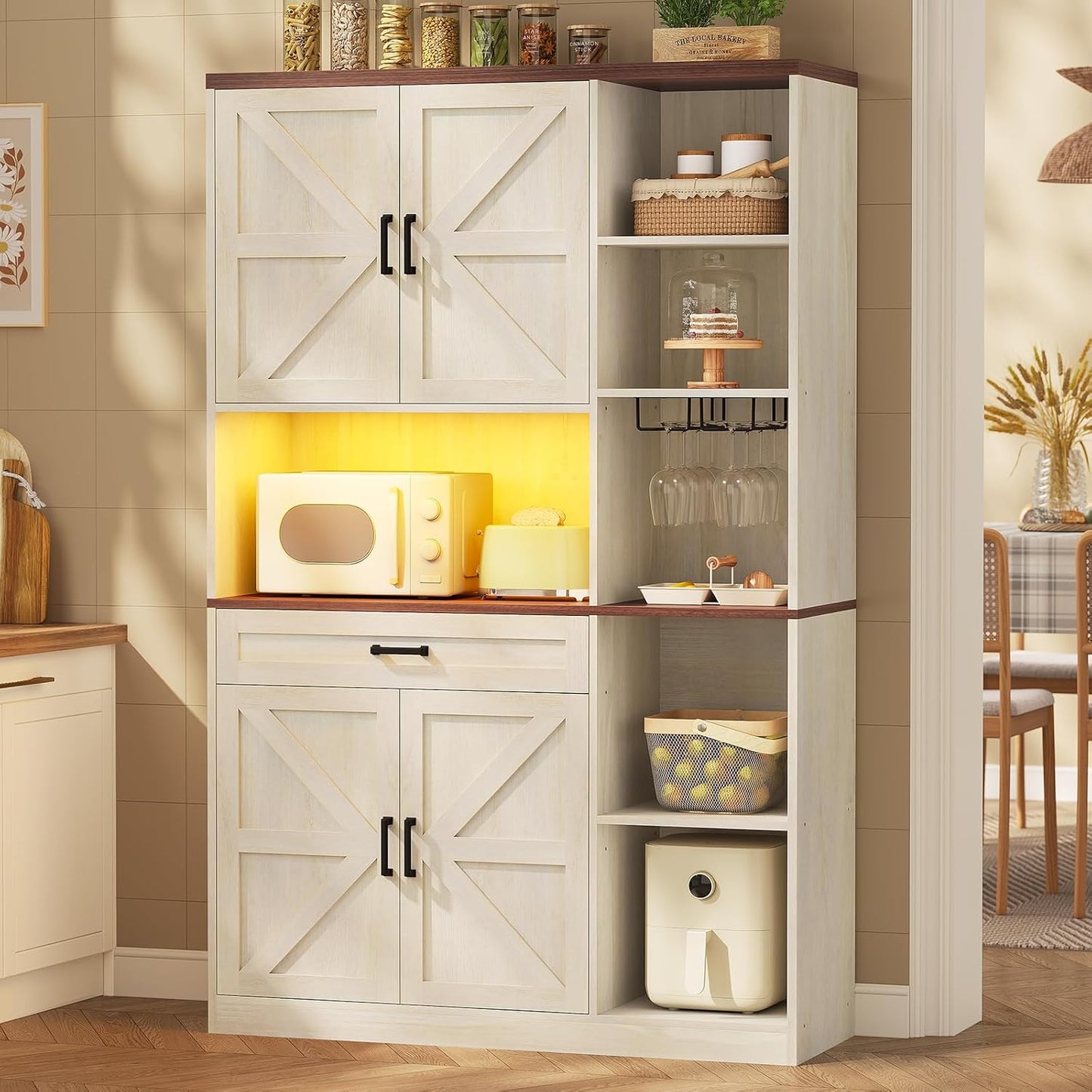 Farmhouse Kitchen Pantry Storage Cabinet with Bar Cabinet Drawers & Shelves