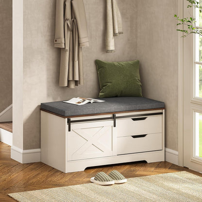 Farmhouse Storage Bench with Cushion, Shoe Rack with Slide Barn Doors