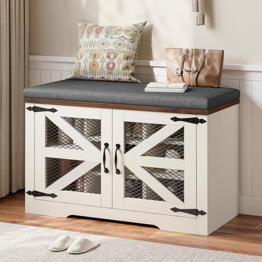 Farmhouse Storage Bench with Cushion, Metal and Wood Shoe Rack Organizer