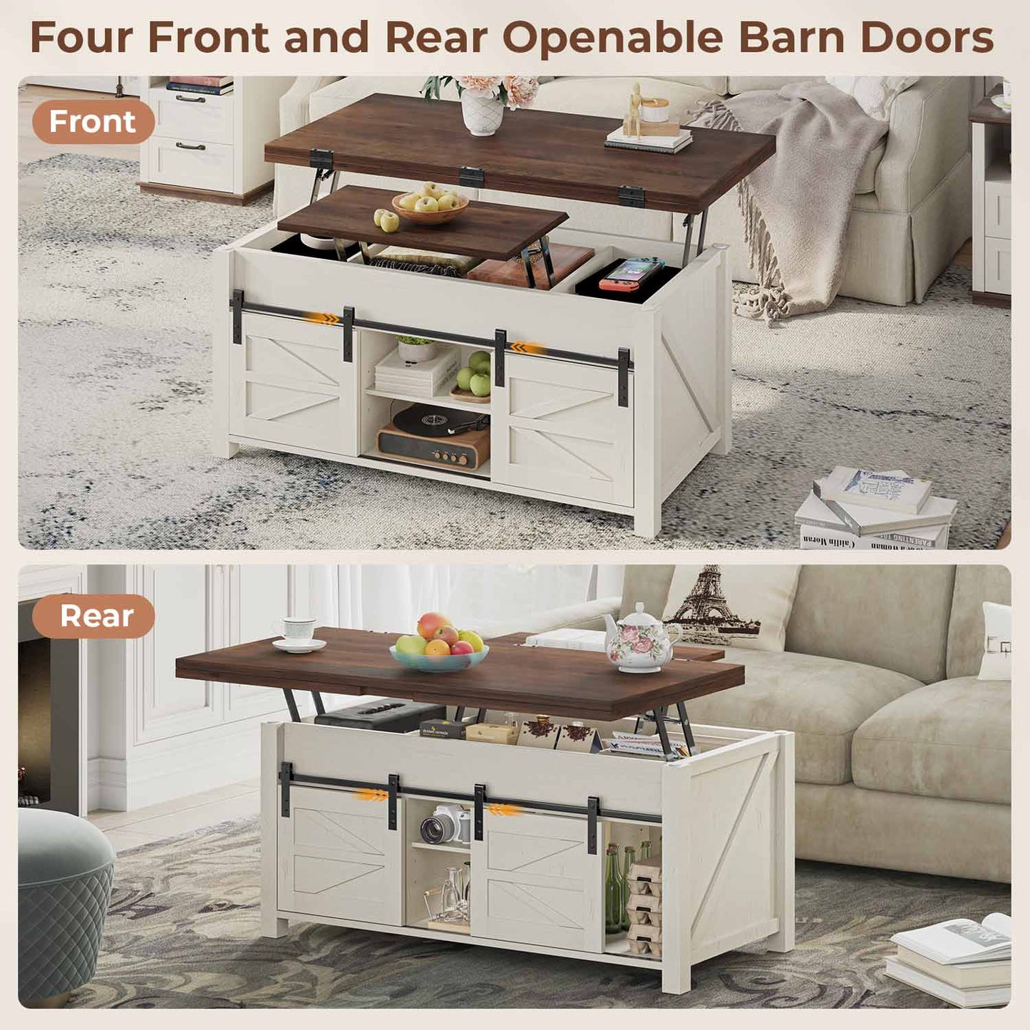 4 in 1 Lift Top Coffee Table with 4 Sliding Barn Doors Brown White