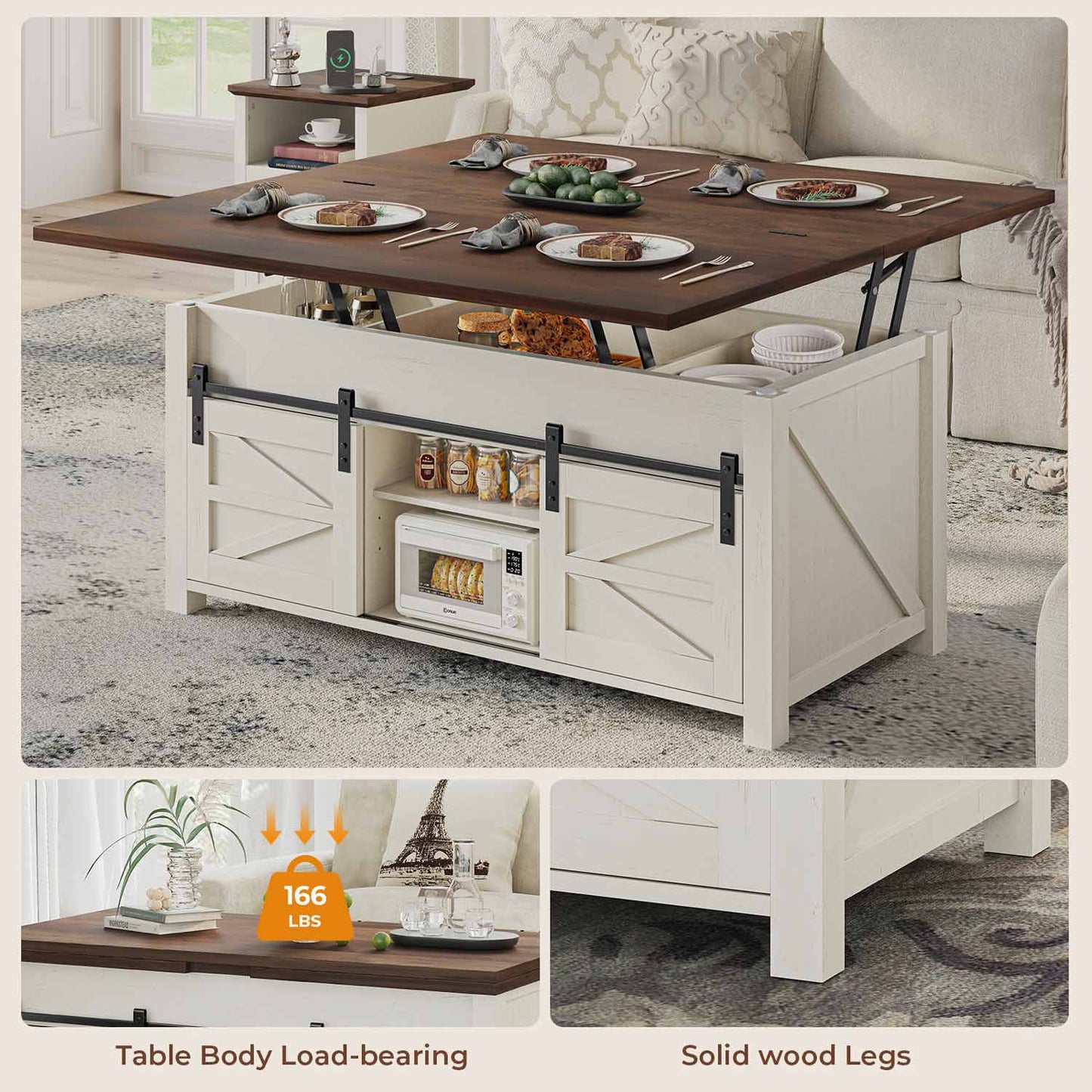 4 in 1 Lift Top Coffee Table with 4 Sliding Barn Doors Brown White