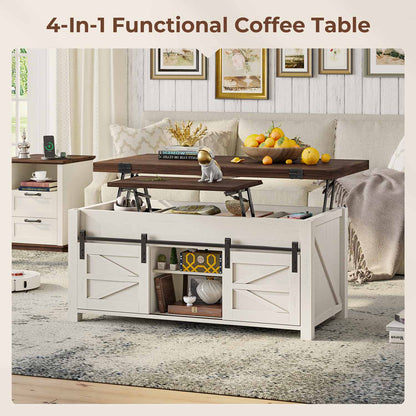 4 in 1 Lift Top Coffee Table with 4 Sliding Barn Doors Brown White