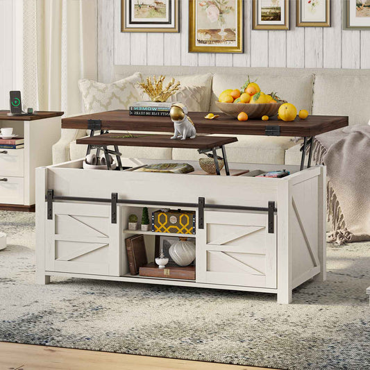 4 in 1 Lift Top Coffee Table with 4 Sliding Barn Doors Brown White