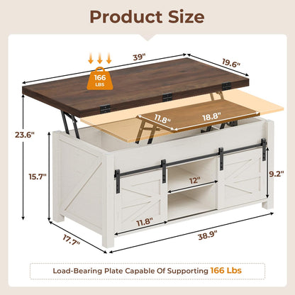 4 in 1 Lift Top Coffee Table with 4 Sliding Barn Doors Brown White