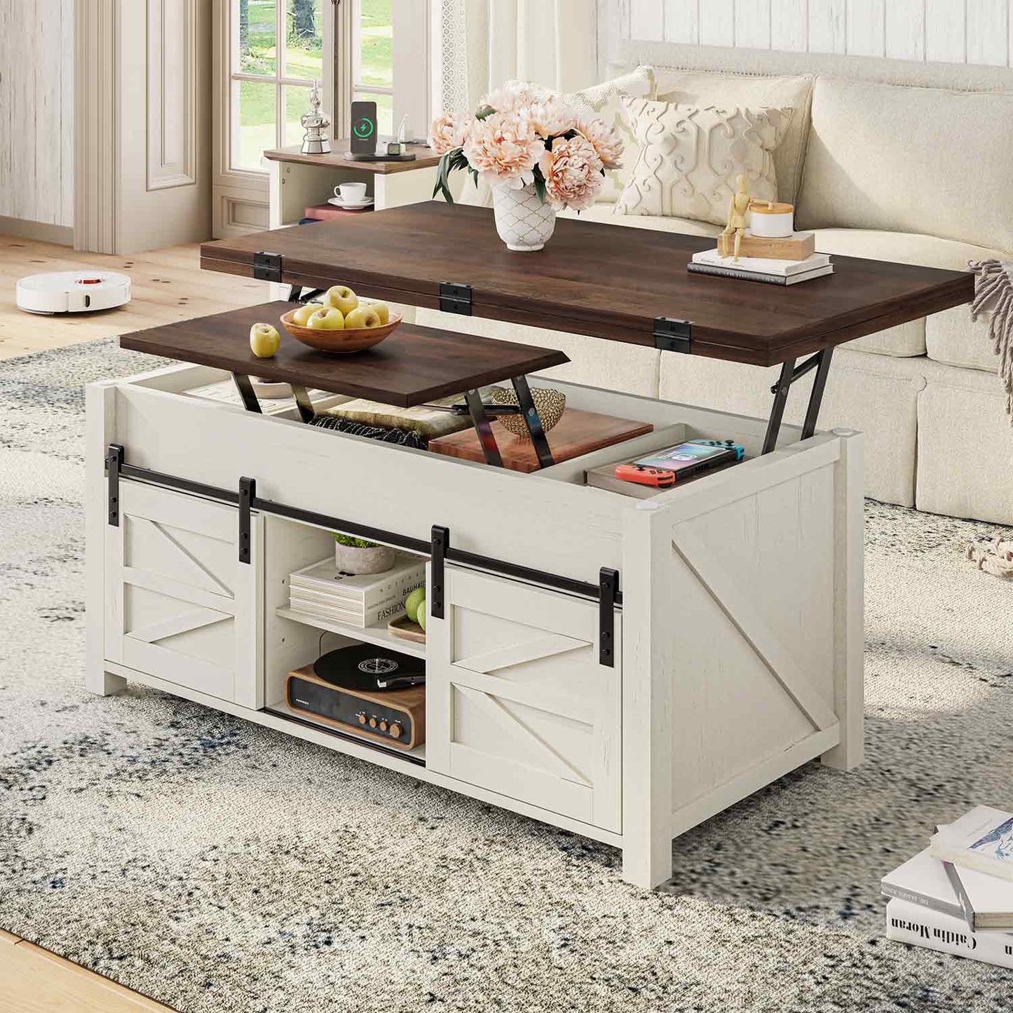 4 in 1 Lift Top Coffee Table with 4 Sliding Barn Doors Brown White