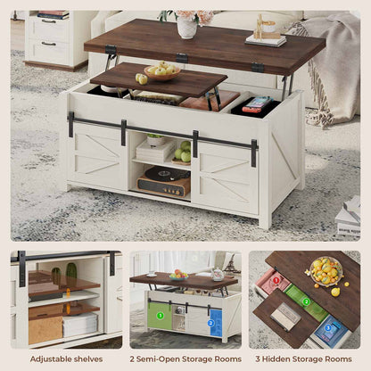 4 in 1 Lift Top Coffee Table with 4 Sliding Barn Doors Brown White