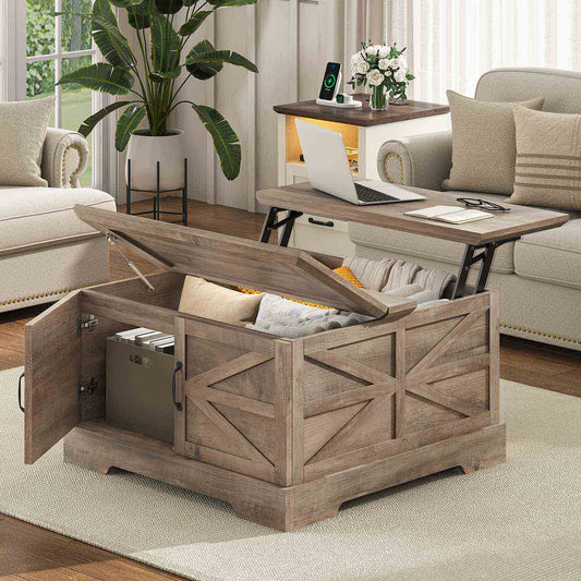 Farmhouse Lift Top Square Coffee Table with Storage and Barn Door Gray