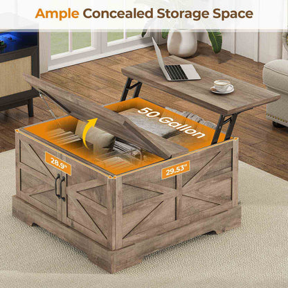 Farmhouse Lift Top Square Coffee Table with Storage and Barn Door Gray