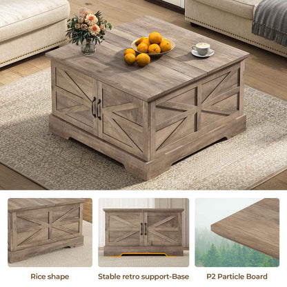 Farmhouse Lift Top Square Coffee Table with Storage and Barn Door Gray