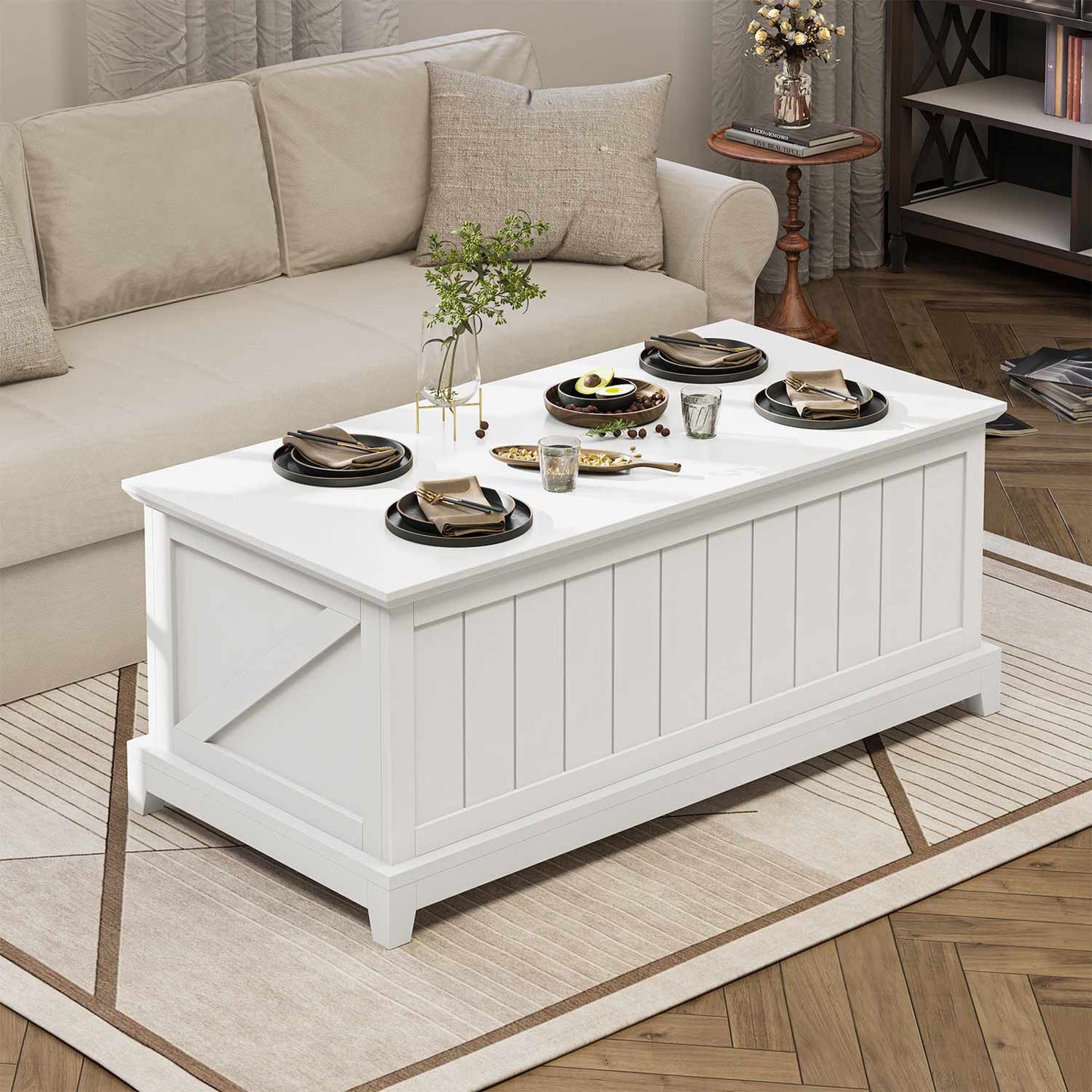 48 Inches Lift Top Coffee Table with Large Storage & Fence Design