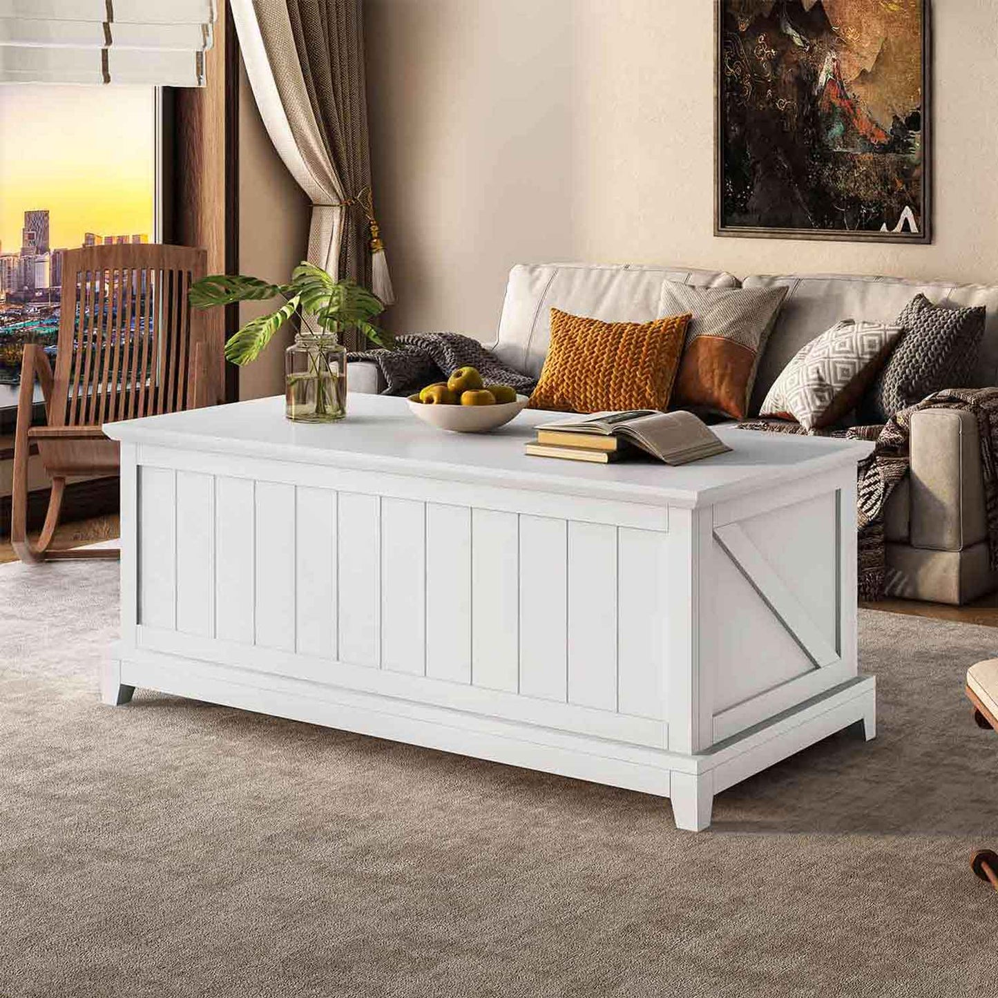 48 Inches Lift Top Coffee Table with Large Storage & Fence Design