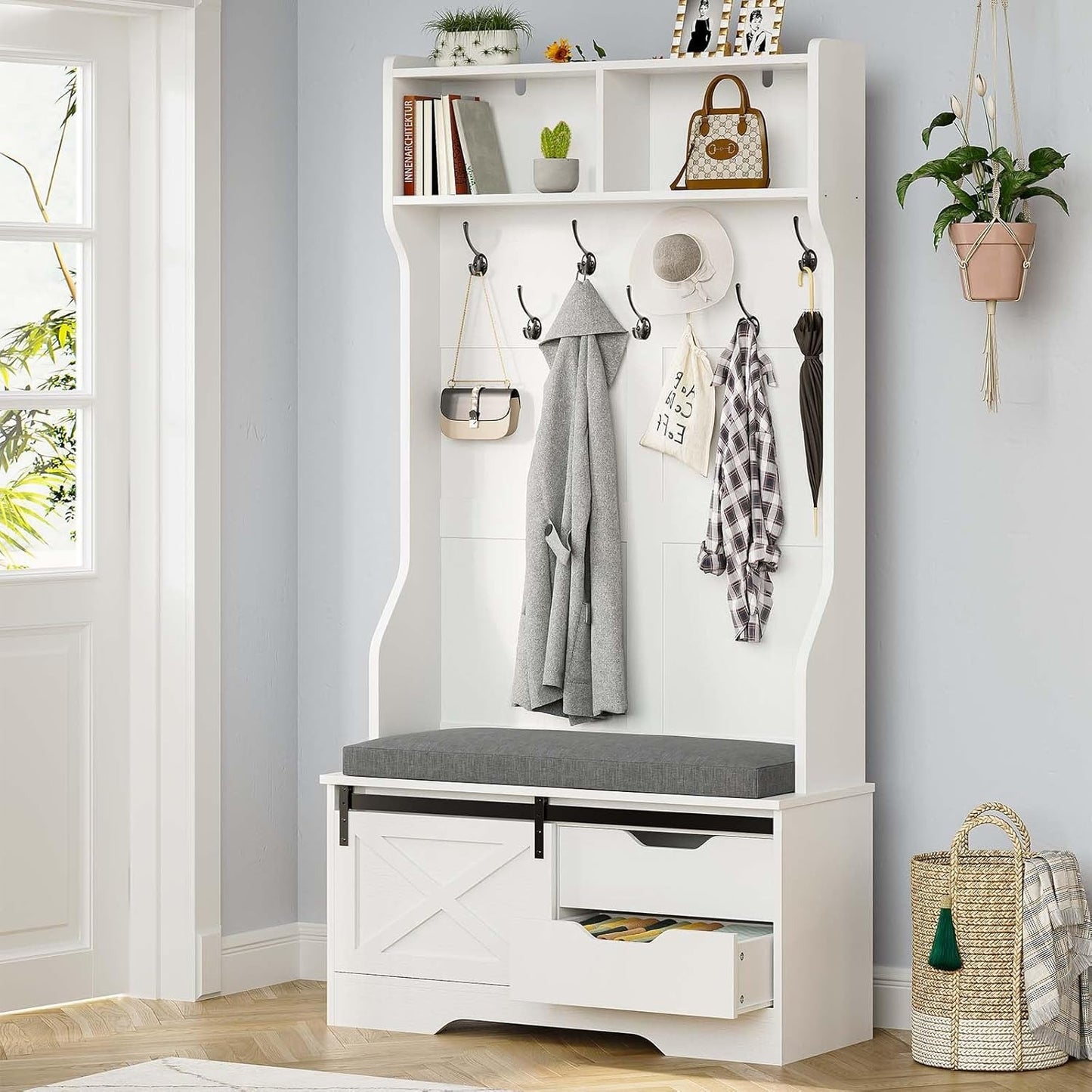 3-in-1 39.3 / 60 IN Hall Tree with Cushioned Bench and Shoe Storage & Hooks