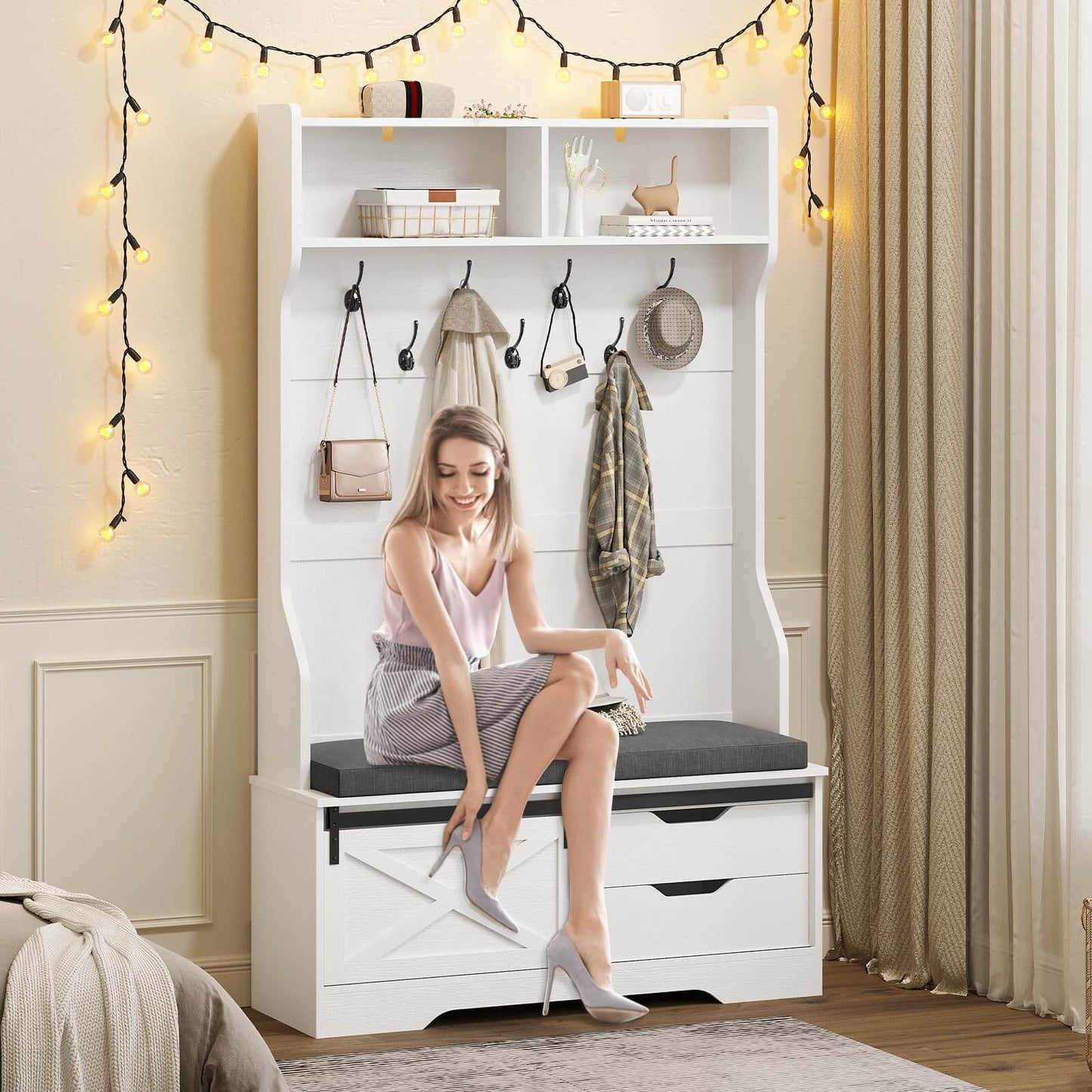 3-in-1 39.3 / 60 IN Hall Tree with Cushioned Bench and Shoe Storage & Hooks