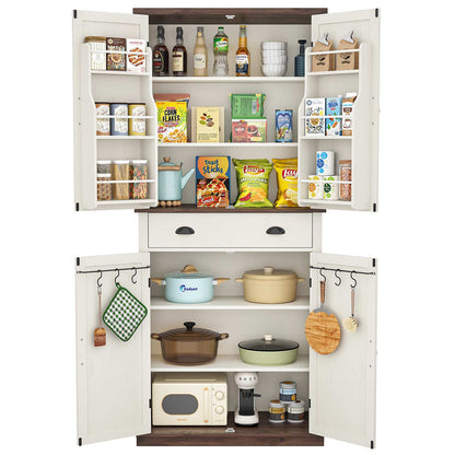 Kitchen Storage Buffet Pantry Cabinet With Barn Doors & Drawer White Brown