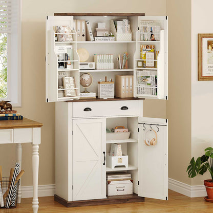 Kitchen Storage Buffet Pantry Cabinet With Barn Doors & Drawer White Brown