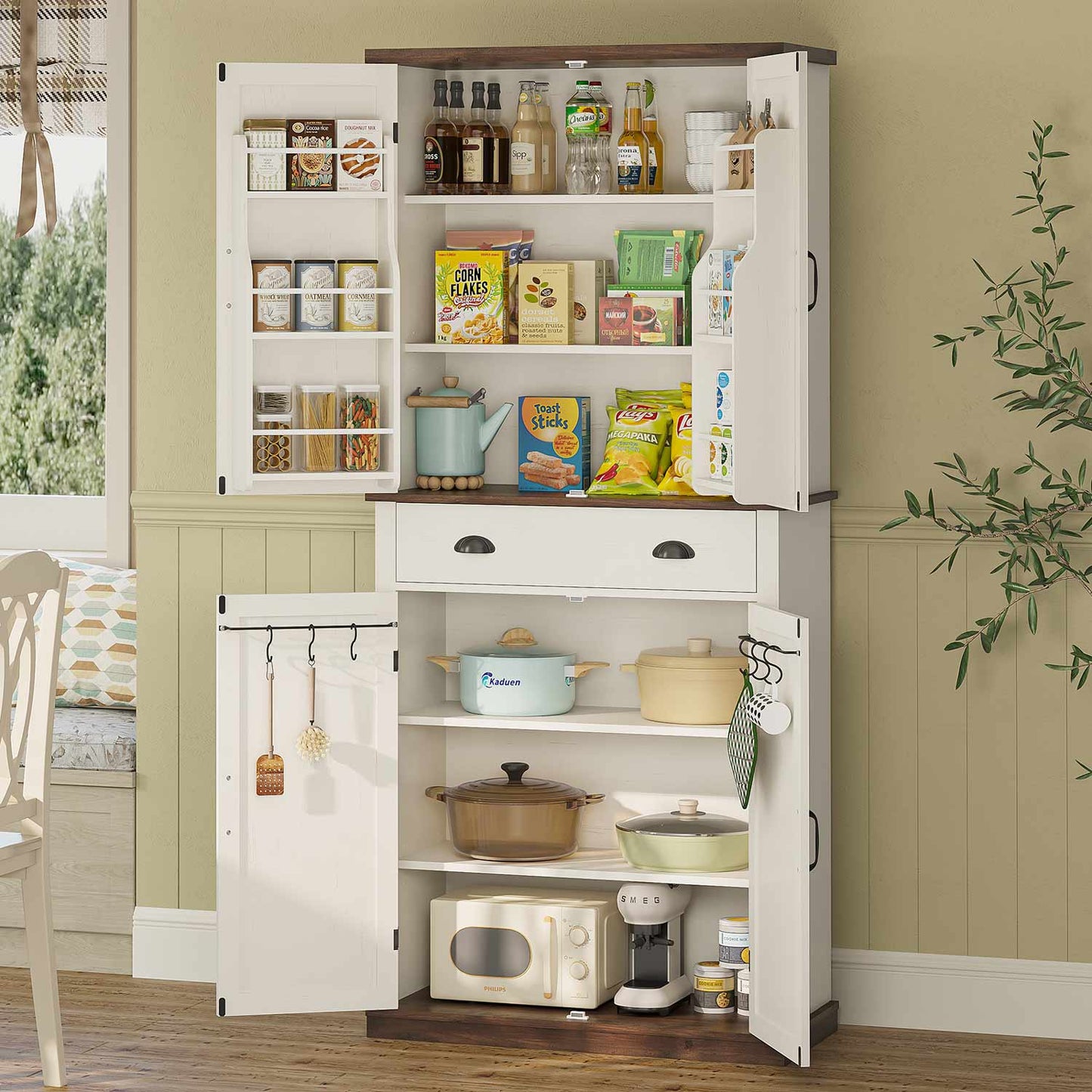 Kitchen Storage Buffet Pantry Cabinet With Barn Doors & Drawer White Brown