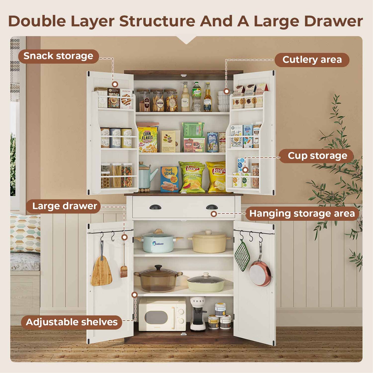 Kitchen Storage Buffet Pantry Cabinet With Barn Doors & Drawer White Brown