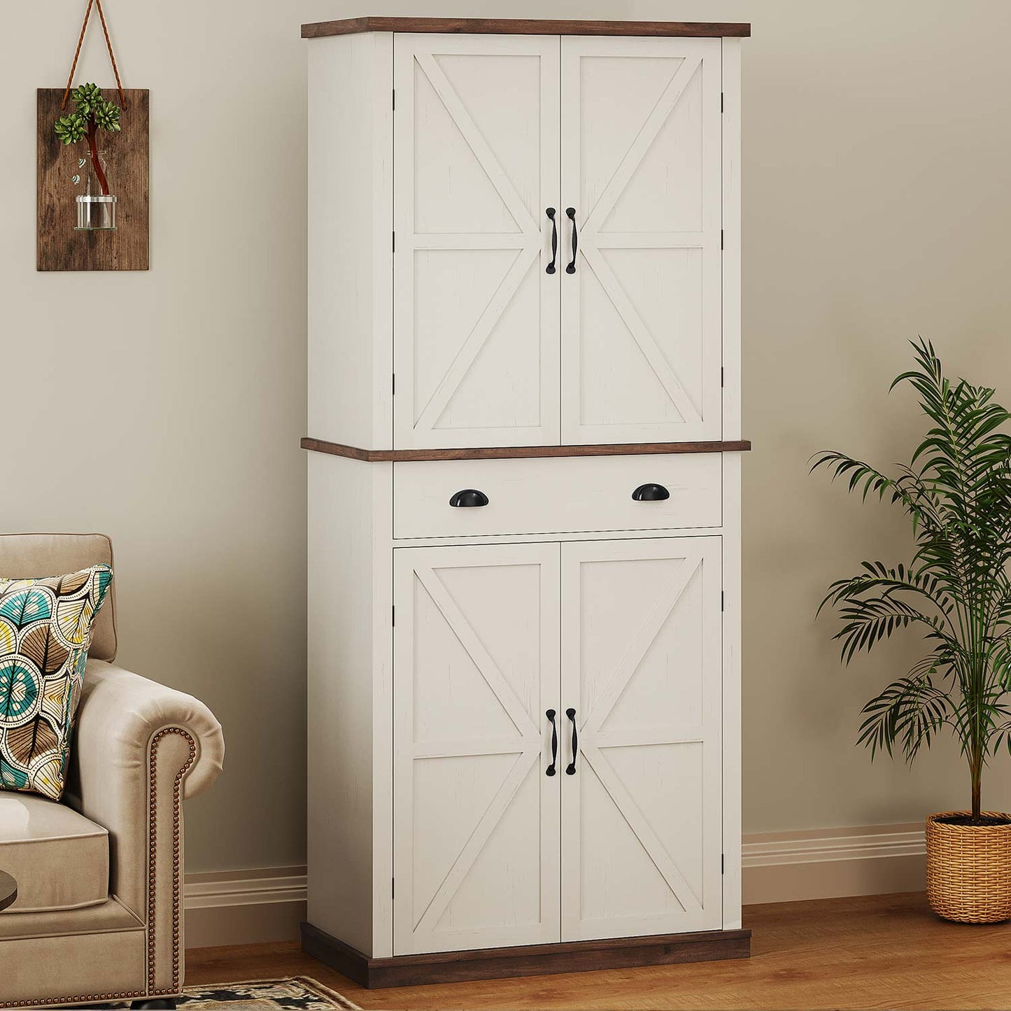 Kitchen Storage Buffet Pantry Cabinet With Barn Doors & Drawer White Brown