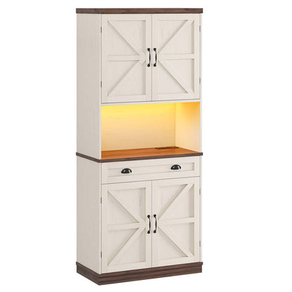 72.6 Inches Farmhouse LED Lights Kitchen Pantry Cabinet and Power Strip Adjustable Shelves White Brown