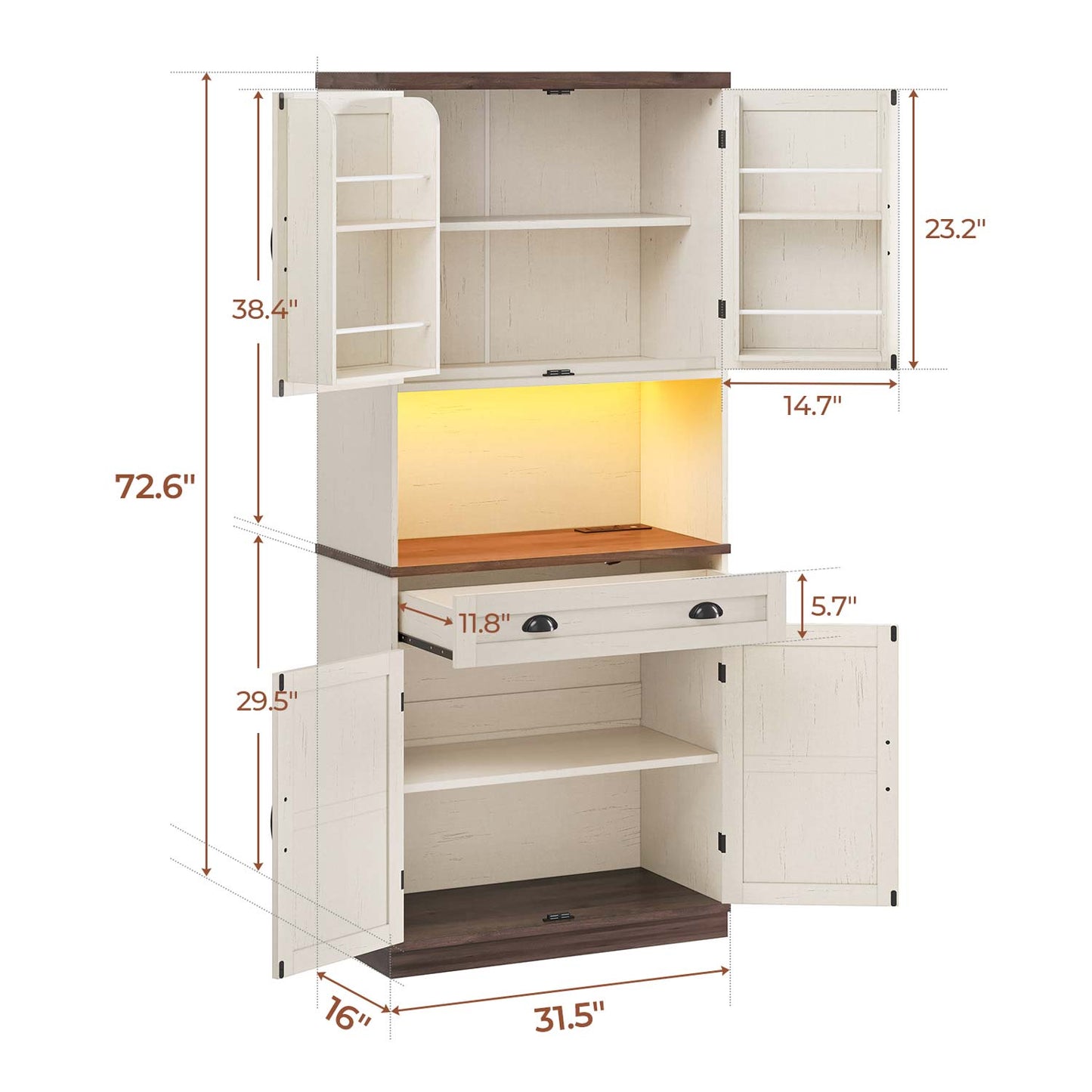 72.6 Inches Farmhouse LED Lights Kitchen Pantry Cabinet and Power Strip Adjustable Shelves White Brown