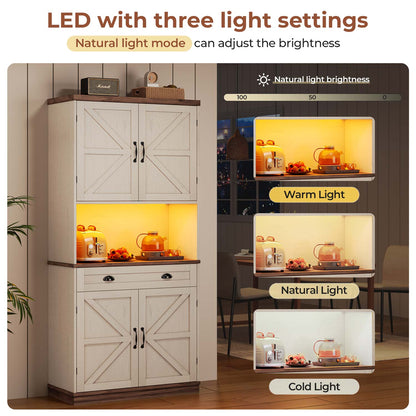 72.6 Inches Farmhouse LED Lights Kitchen Pantry Cabinet and Power Strip Adjustable Shelves White Brown