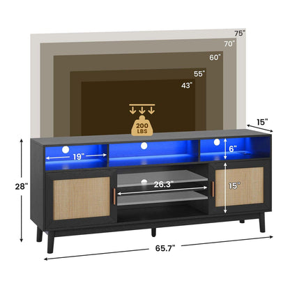 Rattan TV Stand TV Cabinet for 75 Inch TV with Adjustable Shelf Storage Black