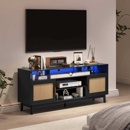 Rattan TV Stand TV Cabinet for 75 Inch TV with Adjustable Shelf Storage Black