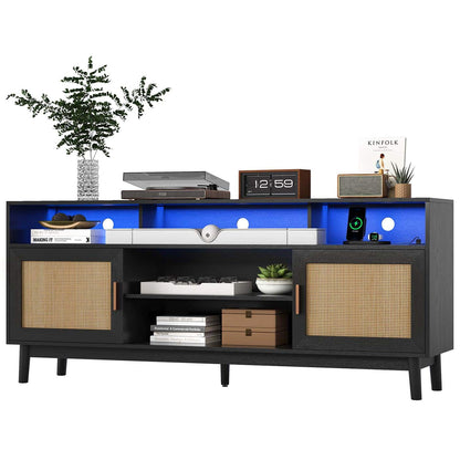 Rattan TV Stand TV Cabinet for 75 Inch TV with Adjustable Shelf Storage Black