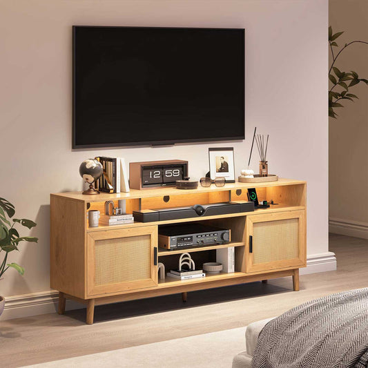 Rattan TV Stand TV Cabinet for 75 Inch TV with Adjustable Shelf Storage